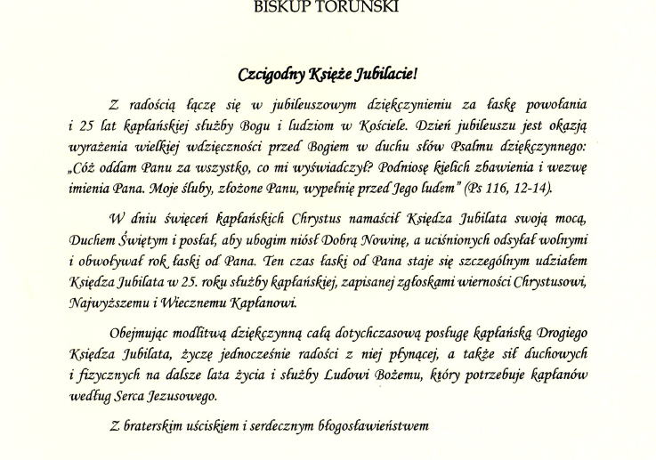 List biskupa toruńskiego z okazji jubileuszu 25-lecia kapłaństwa Księdza Proboszcza