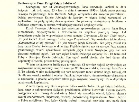 List biskupa pelplińskiego z okazji jubileuszu 25-lecia kapłaństwa Księdza Proboszcza